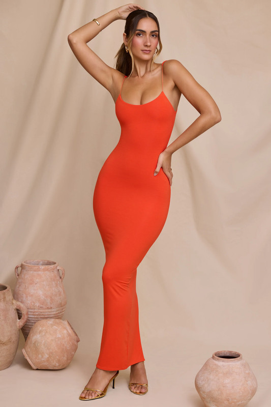 Micro Strap Detail Maxi Dress in Tangerine - UK Size:18